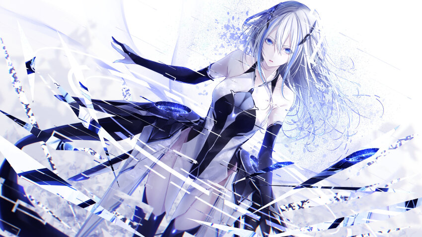 1girl android bare_shoulders blue_eyes breasts cleavage cleavage_cutout clothing_cutout code:qualia cropped_legs detached_sleeves device dress dutch_angle floating floating_hair floating_object glitch hair_ornament hands_up highres long_hair lucia_(code:qualia) mecha_musume multicolored_hair parted_lips purple_hair sleeveless sleeveless_dress standing streaked_hair thighhighs yoaferia zettai_ryouiki