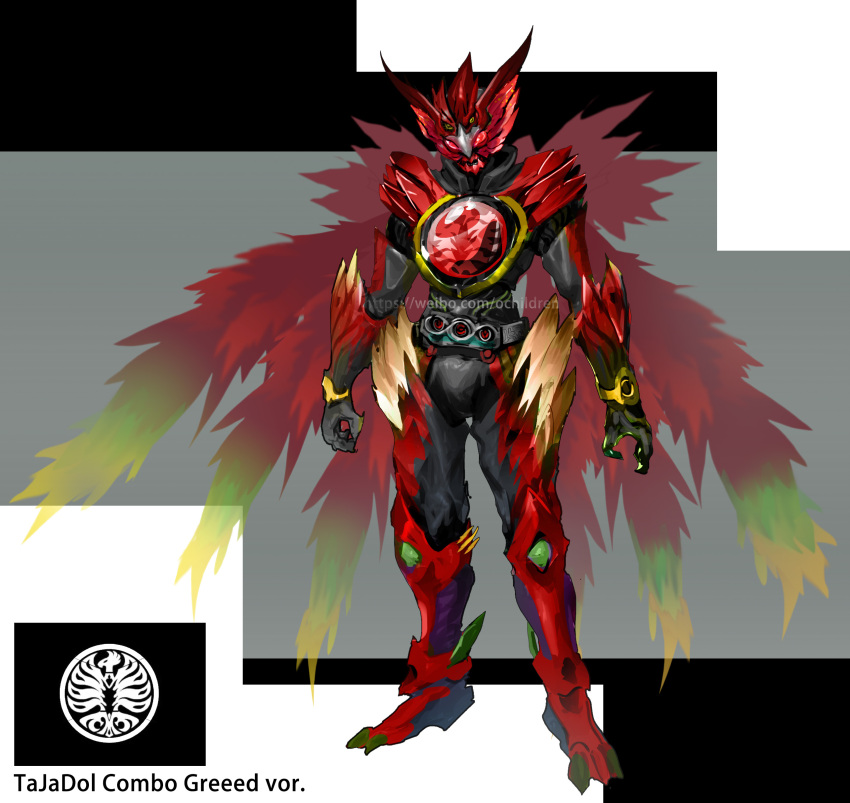 1boy absurdres armor belt bird commentary_request fire glowing heisei highres kamen_rider kamen_rider_ooo kamen_rider_ooo_(series) male_focus mechanical_wings multiple_wings o_medal phoenix photoshop_(medium) rcj shield solo spikes taja_spinner tajador_(ooo_combo) tokusatsu wings