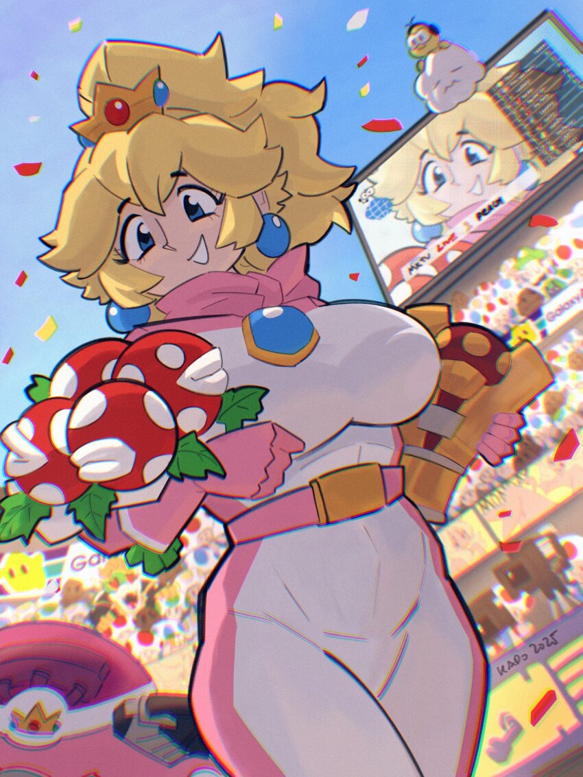1girl belt biker_clothes biker_peach bikesuit blonde_hair blue_brooch blue_eyes bodysuit bowser breasts confetti covered_navel cowboy_shot crown earrings elbow_gloves gloves goomba highres holding holding_trophy jewelry jumpsuit kap.o lakitu large_breasts looking_at_viewer luigi mario_(series) mario_kart mario_kart_wii mini_crown nintendo official_alternate_costume outdoors pink_belt pink_gloves pink_scarf piranha_plant ponytail princess_peach scarf stadium television toad_(mario) trophy white_jumpsuit