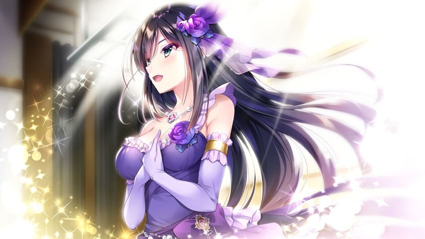 1girl :d black_hair blush breasts dress elbow_gloves floating_hair flower game_cg gloves green_eyes hair_between_eyes hair_flower hair_ornament hoshi_no_otome_to_rikka_no_shimai idol kokonoe_sumire lens_flare long_hair medium_breasts mutou_kurihito nanotaro open_mouth purple_dress purple_flower sleeveless sleeveless_dress smile solo sparkle stage standing sunlight upper_body very_long_hair white_gloves