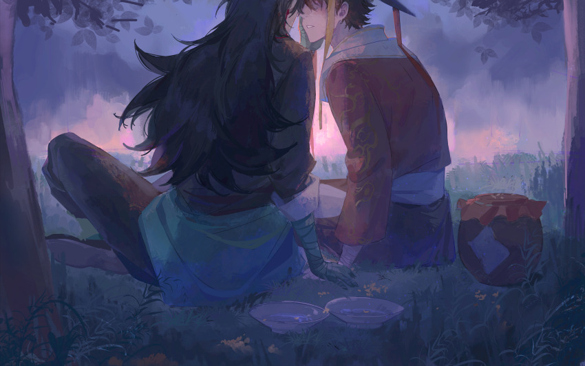 2boys absurdres bandaged_arm bandaged_hand bandages black_hair black_jacket black_pants cen_boyao chinese_commentary commentary_request dusk hand_on_another&#039;s_cheek hand_on_another&#039;s_face highres huayangshan_jishi jacket long_hair luogu male_focus multiple_boys on_grass outdoors pants parted_lips red_jacket shirt short_hair sitting sleeves_rolled_up white_shirt yaoi zhao_yuwen