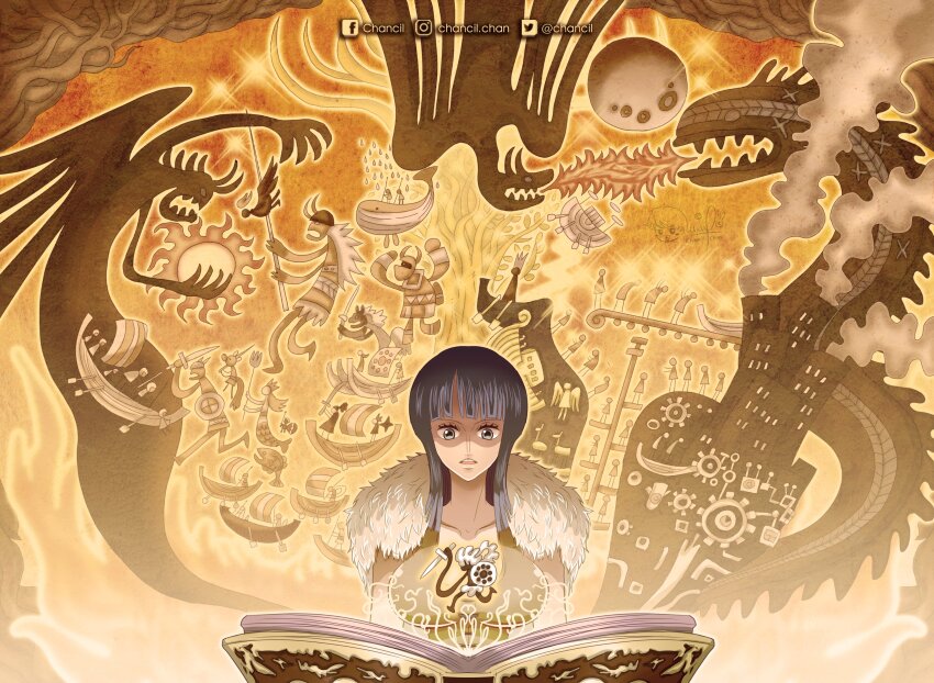 1girl absurdres black_hair blunt_bangs boat book capelet chancil commentary creature english_commentary facebook_username fire fish fur_capelet gear_fifth helmet highres holding holding_book holding_sword holding_weapon horns instagram_username joy_boy_(one_piece) medium_hair mermaid monster_girl nico_robin nico_robin_(elbaf) one_piece open_mouth reading sharp_teeth smoke sun sword teeth twitter_username watercraft weapon whale wings