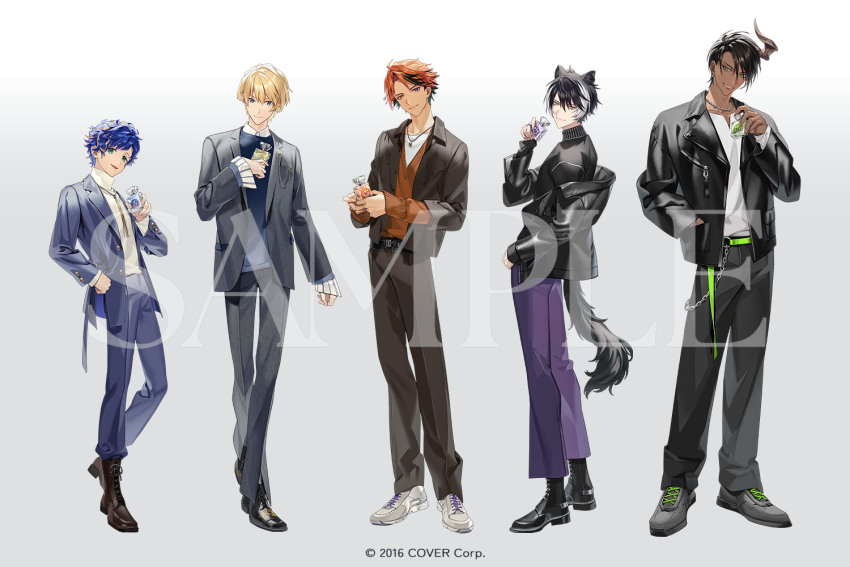 5boys :d alternate_costume animal_ears aqua_eyes aragami_oga astel_leda belt black_belt black_footwear black_hair black_pants black_sweater blonde_hair blue_eyes blue_hair blue_jacket blue_pants blue_sweater boots bottle brown_footwear brown_jacket brown_pants chain chain_necklace collarbone collared_shirt copyright_notice curtained_hair dark-skinned_male dark_skin demon_horns earrings frilled_sleeves frills full_body green_belt green_eyes grey_footwear grey_jacket grey_pants grin hair_between_eyes hand_in_pocket hand_on_own_hip heterochromia holding holding_bottle holostars horns jackal_boy jackal_ears jackal_tail jacket jewelry kageyama_shien kishido_temma lace-up_boots lapel_pin leather leather_jacket long_sleeves looking_at_viewer looking_to_the_side male_focus manomenou mole mole_under_eye multicolored_hair multiple_boys necklace notched_neckline off_shoulder official_art open_clothes open_jacket open_mouth orange_eyes orange_hair orange_sweater pants parted_bangs pendant perfume_bottle purple_eyes purple_pants sample_watermark sharp_teeth shirt shoes short_hair simple_background single_horn smile sneakers standing streaked_hair sweater swept_bangs tail tassel_necklace teeth turtleneck turtleneck_sweater two-tone_hair v-neck virtual_youtuber watermark wavy_hair white_background white_footwear white_hair white_shirt yellow_eyes yukoku_roberu