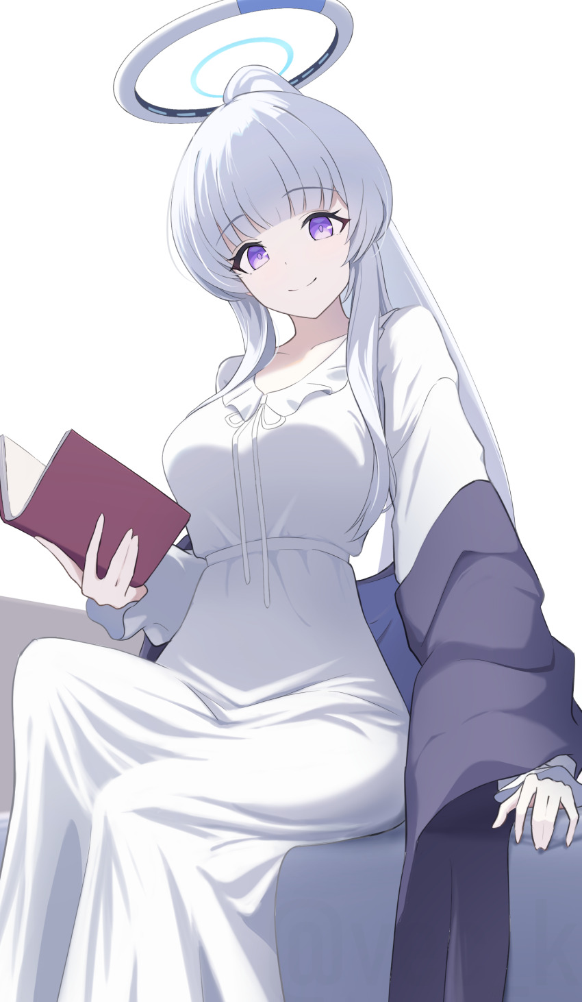 1girl absurdres blue_archive blunt_bangs book breasts closed_mouth dress grey_hair halo highres holding holding_book long_dress long_hair long_sleeves looking_at_viewer mechanical_halo noa_(blue_archive) noa_(pajamas)_(blue_archive) official_alternate_costume open_book pajamas ponytail purple_eyes purple_scarf scarf sidelocks simple_background sitting smile solo vec_ka white_background white_dress