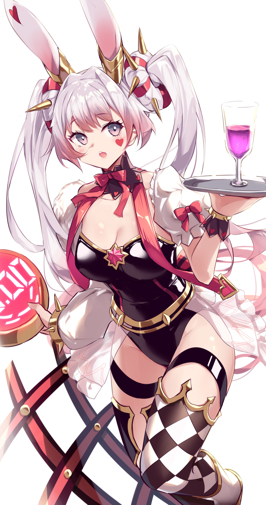 1girl absurdres animal_ears asymmetrical_clothes asymmetrical_legwear black_leotard blush breasts checkered_thighhighs cleavage collarbone cup detached_collar drinking_glass duel_monster hairband heart heart_tattoo highres holding holding_pocket_watch holding_tray kanzakietc large_breasts leotard long_sleeves maliss_&lt;p&gt;_white_rabbit open_mouth pink_eyes pocket_watch rabbit_ears rabbit_girl see-through_clothes short_sleeves simple_background solo spiked_hairband spiked_wristband spikes tattoo thigh_strap tray watch white_background wine_glass yu-gi-oh!