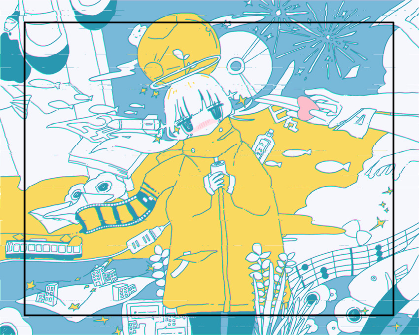 1girl black_eyes blunt_bangs blush cd coat commentary_request film_reel fireworks fish flower highres holding jitome letter limited_palette original pansy plant ponytail scarf sheet_music solid_eyes solo sskitaco star_(symbol) sticky_note streetcar sun white_hair winter_clothes winter_coat