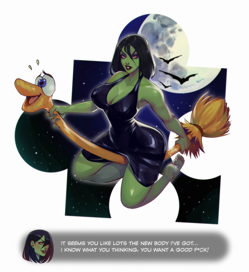 1girl alternate_form bad_end banjo-kazooie barefoot bat_(animal) black_dress black_hair breasts broom broom_riding colored_skin commentary covered_erect_nipples curvy dialogue_box dress english_commentary english_text eyeshadow flying full_body full_moon green_skin gruntilda&#039;s_broomstick gruntilda_winkybunion highres large_breasts lipstick looking_at_viewer makeup moon narrow_waist paid_reward_available plantar_flexion plunging_neckline profanity purple_eyeshadow puzzle_piece red_eyes red_lips revision short_dress short_hair soles solo star_(symbol) star_symbol_background toes vero witch