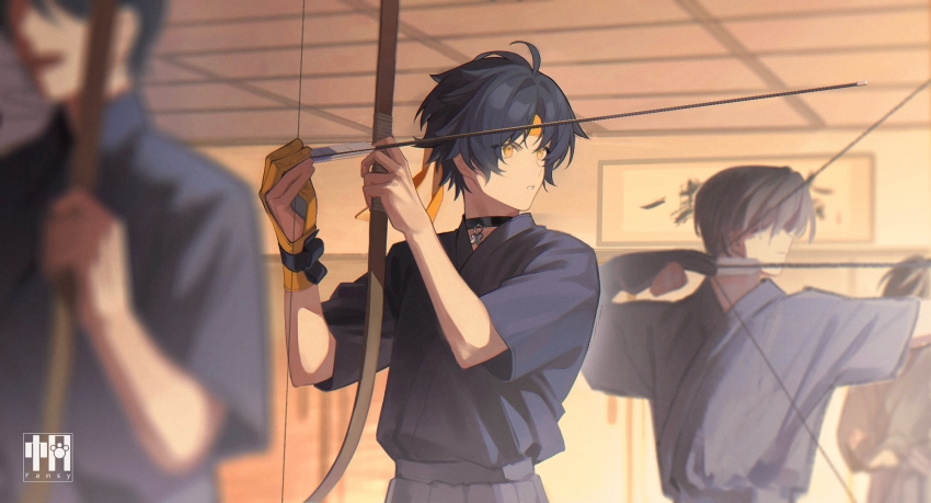 4boys archery archery_dojo arrow_(projectile) asaba_harumasa black_choker black_hair black_kimono bow_(weapon) choker drawing_bow gloves goufan grey_hakama hakama headband highres holding holding_arrow holding_bow_(weapon) holding_weapon japanese_clothes kimono kyuudou multiple_boys partially_fingerless_gloves partly_fingerless_gloves short_sleeves single_glove solo_focus weapon yellow_headband yugake yumi_(bow) zenless_zone_zero