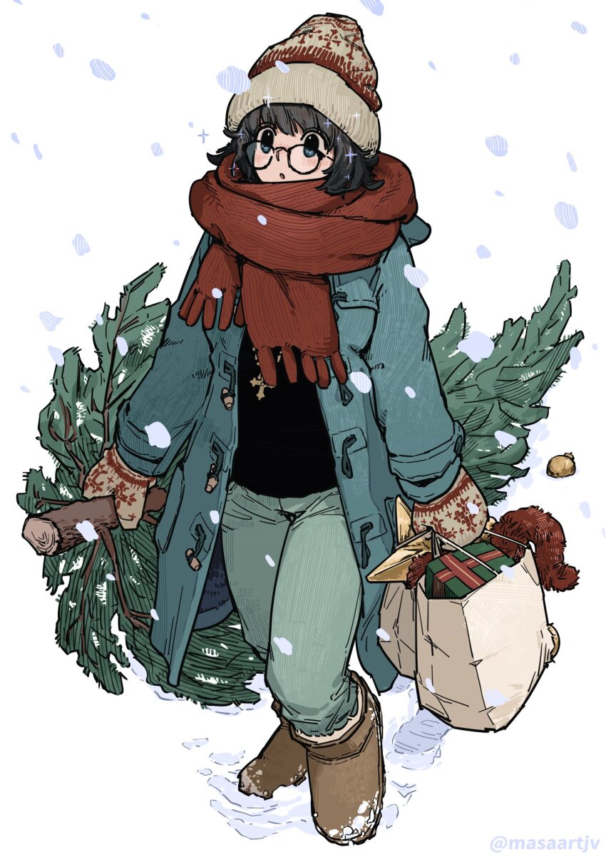 1girl :o alternate_costume bag beanie black-framed_eyewear black_hair black_shirt blue_coat blue_eyes blue_pants breasts brown_footwear coat cross cross_necklace full_body glasses hat highres holding holding_bag hunter_x_hunter jewelry long_sleeves masaartjv mittens necklace pants red_scarf scarf shirt shizuku_murasaki short_hair simple_background snowing solo standing white_background white_hat