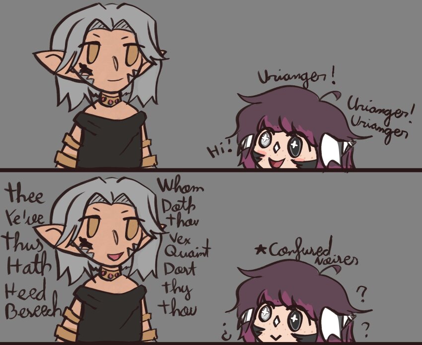 au_ra chibi confused elezen elf english_text final_fantasy final_fantasy_xiv highres meme neimart pointy_ears scales self-upload smile urianger_augurelt warrior_of_light_(ff14)