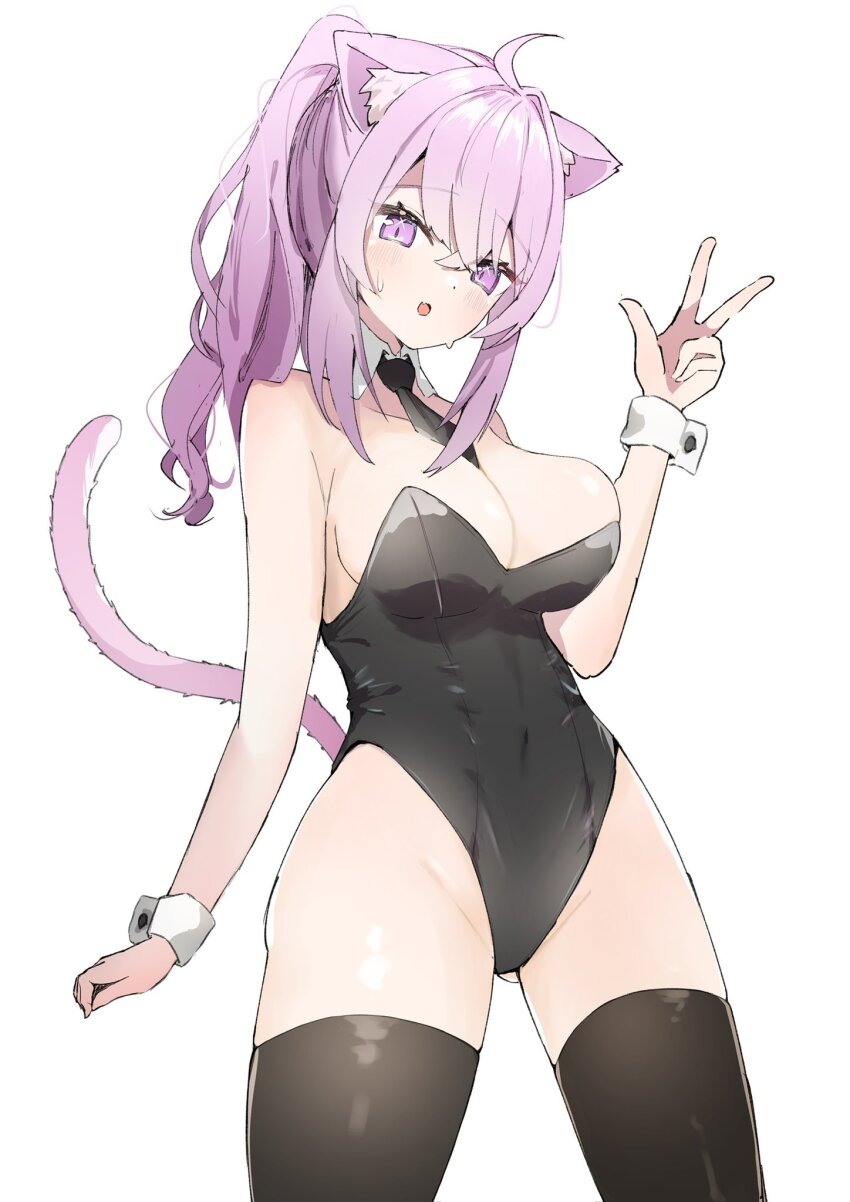 1girl ahoge alternate_costume alternate_hairstyle animal_ear_fluff animal_ears bare_shoulders black_leotard black_necktie black_thighhighs breasts cat_ears cat_girl cat_tail cleavage commentary double-parted_bangs forge_saikyo hair_between_eyes hand_up high_ponytail highres hololive kittysuit large_breasts leotard long_hair looking_at_viewer necktie nekomata_okayu nontraditional_playboy_bunny playboy_bunny ponytail purple_eyes purple_hair purple_tail simple_background solo strapless strapless_leotard sweat tail thighhighs virtual_youtuber w white_background white_wrist_cuffs wing_collar wrist_cuffs