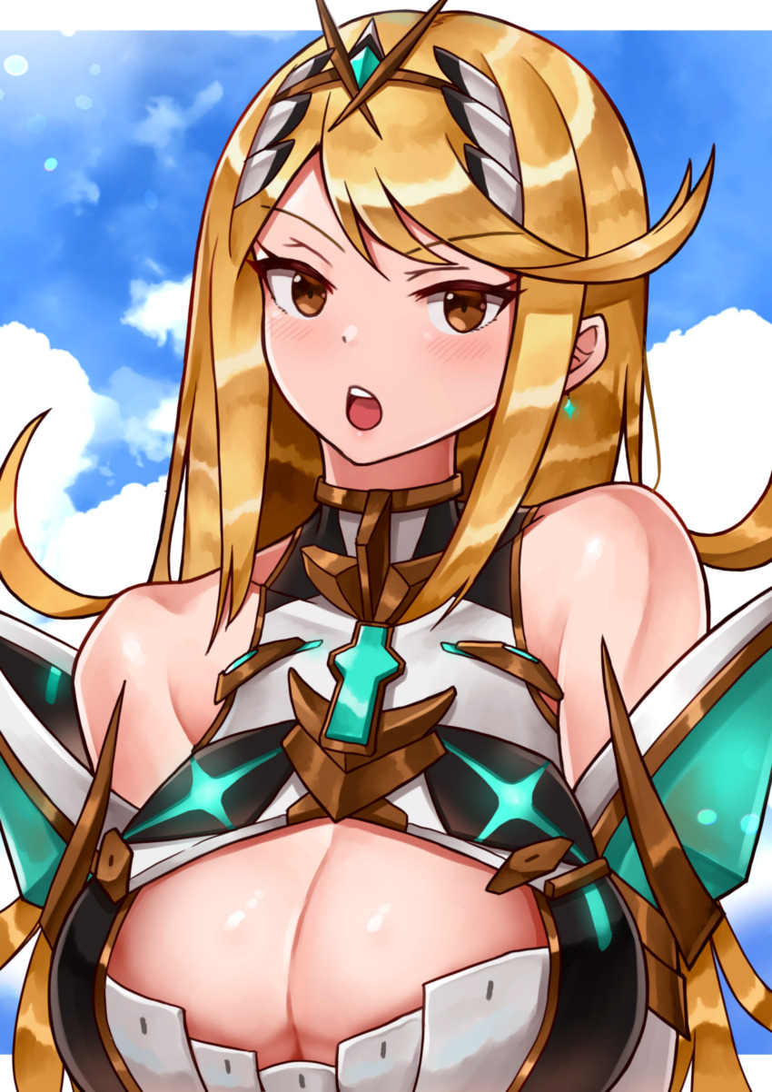 1girl :o absurdres bare_shoulders blonde_hair blue_sky blush border breasts cleavage cleavage_cutout clothing_cutout cloud commentary core_crystal_(xenoblade) dot_nose dress earrings gem green_gemstone highres jewelry large_breasts letterboxed long_hair looking_at_viewer mythra_(xenoblade) open_mouth outside_border sky solo swept_bangs teeth tiara upper_body upper_teeth_only white_border white_dress xenoblade_chronicles_(series) xenoblade_chronicles_2 yellow_eyes yotsuha_uni