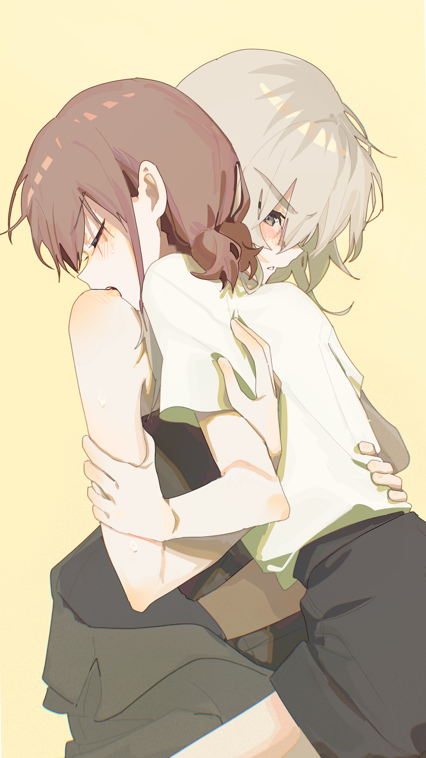 2girls absurdres biting_shoulder black_shirt blush brown_hair commentary girls_band_cry grey_eyes grey_hair highres hug iseri_nina kawaragi_momoka long_hair low_twintails multicolored_hair multiple_girls open_mouth roots_(hair) shirt short_hair short_sleeves short_twintails simple_background sleeveless sleeveless_shirt twintails white_shirt ydpfa yellow_background yuri