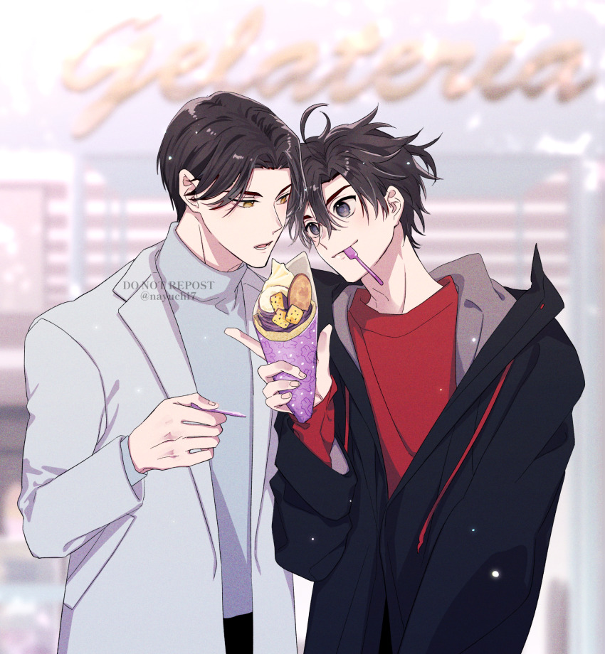 2boys ahoge alternate_costume alternate_hairstyle black_eyes black_hair black_jacket black_pants blue_sweater blurry blurry_background coat contemporary crepe eating food hair_between_eyes highres holding holding_crepe holding_food holding_spoon hood hood_down hoodie ice_cream jacket lan_wangji long_sleeves looking_at_another male_focus modao_zushi mouth_hold multiple_boys natttume open_clothes open_jacket open_mouth outdoors pants red_shirt shirt short_hair spoon standing sweater turtleneck twitter_username upper_body utensil_in_mouth watermark wei_wuxian white_coat yaoi yellow_eyes