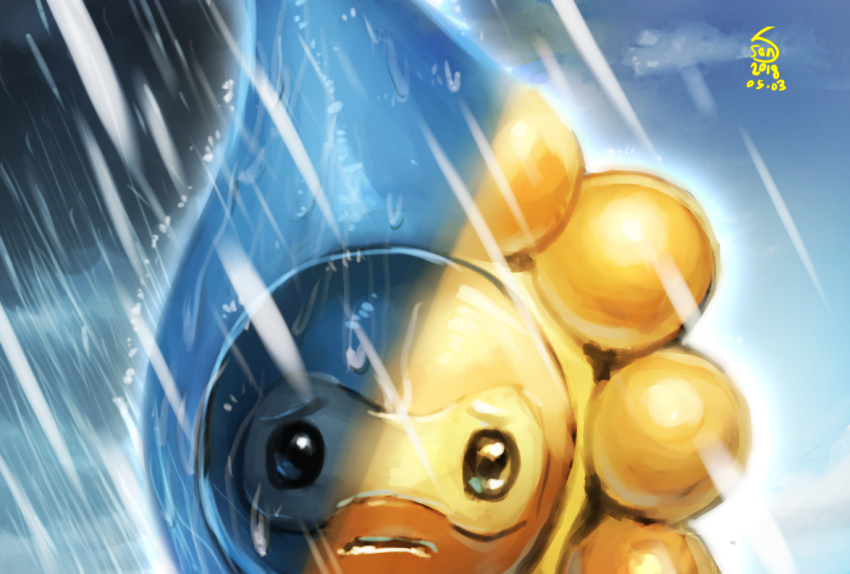 black_eyes blue_sky castform castform_(rainy) castform_(sunny) dated day gen_3_pokemon looking_at_viewer nintendo no_humans outdoors pokemon pokemon_(creature) santoni sky split_theme