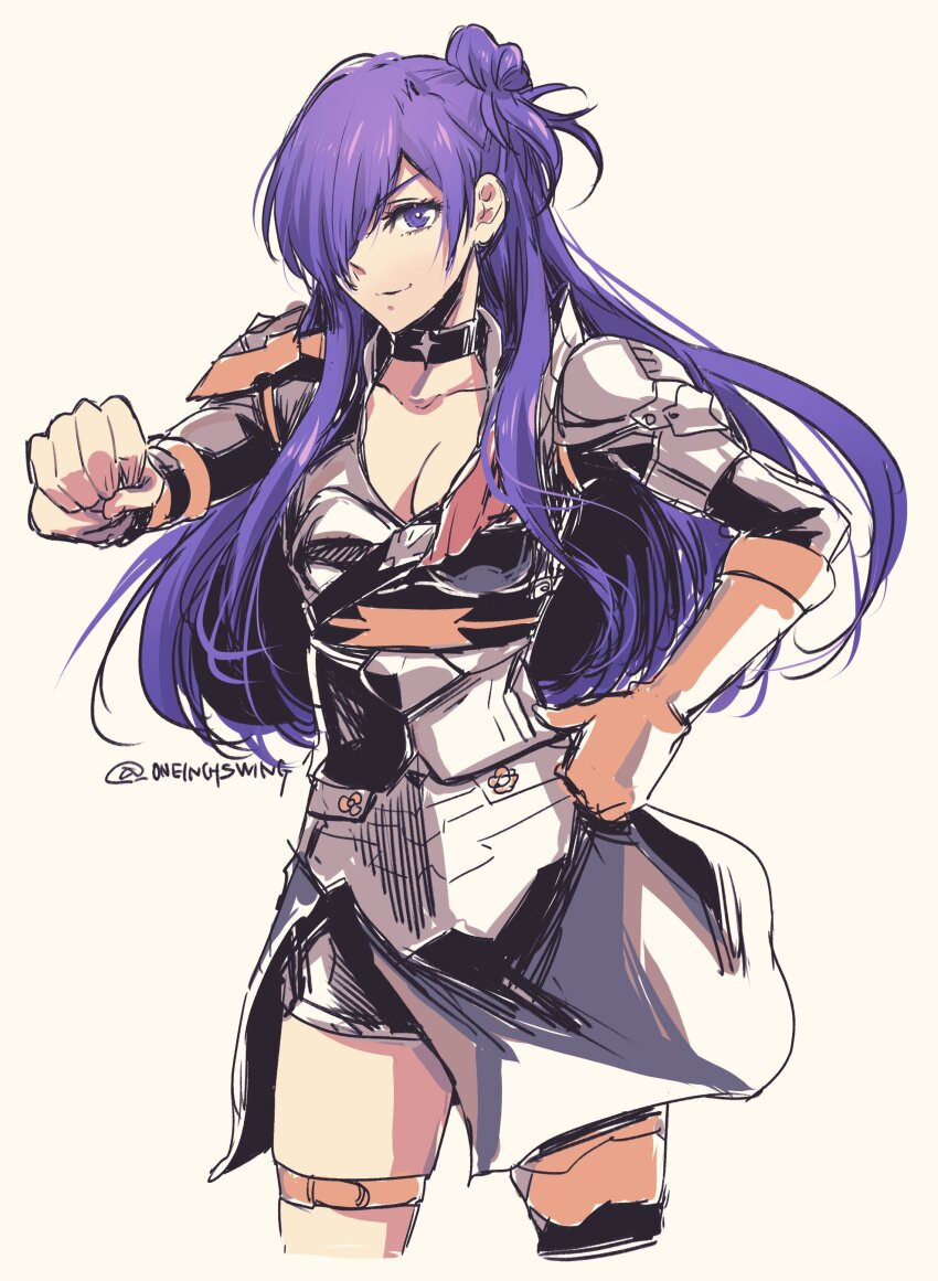 1girl absurdres armor asymmetrical_clothes breasts choker cleavage closed_mouth female_shez_(fire_emblem) fire_emblem fire_emblem:_three_houses fire_emblem_warriors:_three_hopes gloves hair_bun hair_over_one_eye highres large_breasts long_hair looking_at_viewer nintendo purple_eyes purple_hair simple_background single_hair_bun smile solo umi_(_oneinchswing)