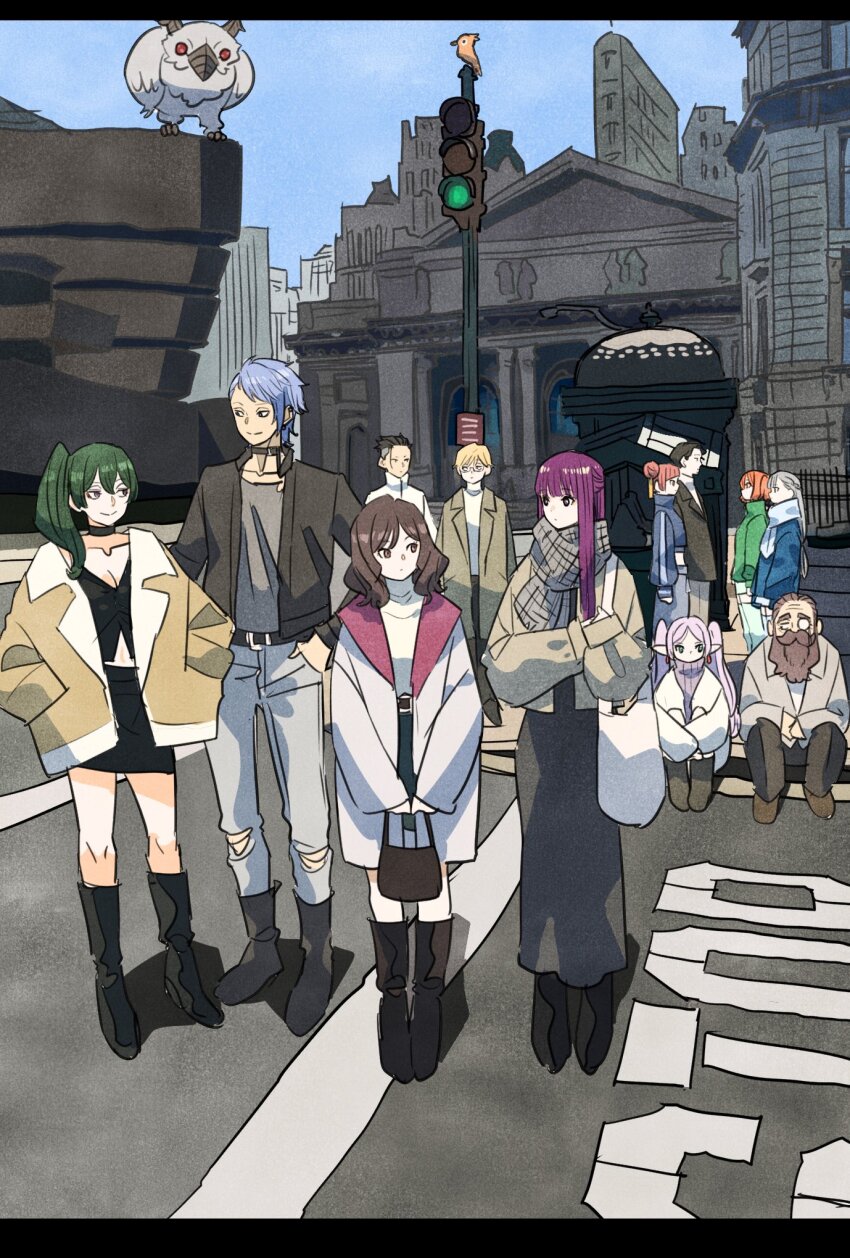 5boys 6+girls bag beard belt bird black_dress black_footwear black_hair black_jacket black_skirt blonde_hair blue_hair blue_jacket boots breasts brown_hair building choker coat contemporary cropped_jacket day denken_(sousou_no_frieren) dress earrings ehre_(sousou_no_frieren) elf eye_contact facial_hair facing_viewer fern_(sousou_no_frieren) frieren glasses green_hair green_jacket grey_hair grey_jacket grey_scarf hair_bun hair_ornament half_updo hand_in_pocket hands_in_pockets highres holding holding_bag intersection jacket jewelry kanne_(sousou_no_frieren) knee_boots knees_up land_(sousou_no_frieren) laufen_(sousou_no_frieren) lawine_(sousou_no_frieren) long_beard long_hair long_sleeves looking_at_another looking_to_the_side low-tied_long_hair medium_breasts midriff miniskirt monocle monster multiple_boys multiple_girls old old_man on_ground one_side_up orange_hair outdoors pointy_ears purple_hair red_hair ribbed_sweater richter_(sousou_no_frieren) road_sign scarf scharf_(sousou_no_frieren) short_hair short_sleeves shoulder_bag side-by-side side_ponytail sideways_glance sign single_side_bun sitting skirt sky sleeveless sleeveless_turtleneck smile sousou_no_frieren standing straight_hair sweater takeuchi_ryousuke thighhighs traffic_light turtleneck twintails ubel_(sousou_no_frieren) very_long_hair white_jacket white_scarf winter_clothes wirbel_(sousou_no_frieren) wrinkled_skin yellow_coat zettai_ryouiki