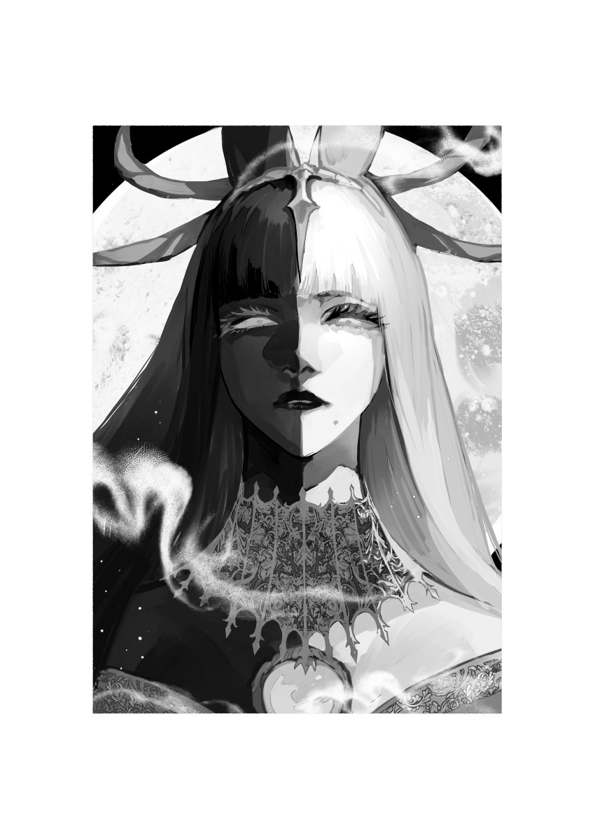 1girl absurdres animal_ears blunt_bangs border colored_skin expressionless final_fantasy final_fantasy_xiv full_moon greyscale half-closed_eyes headpiece highres huge_moon hyur lace_collar long_hair looking_at_viewer mole mole_under_mouth monochrome moon multicolored_hair multicolored_skin parted_lips portrait rabbit_ears senoura_korafu smoke solo split-color_hair straight-on tiara two-tone_hair two-tone_skin white_border yotsuyu_goe_brutus