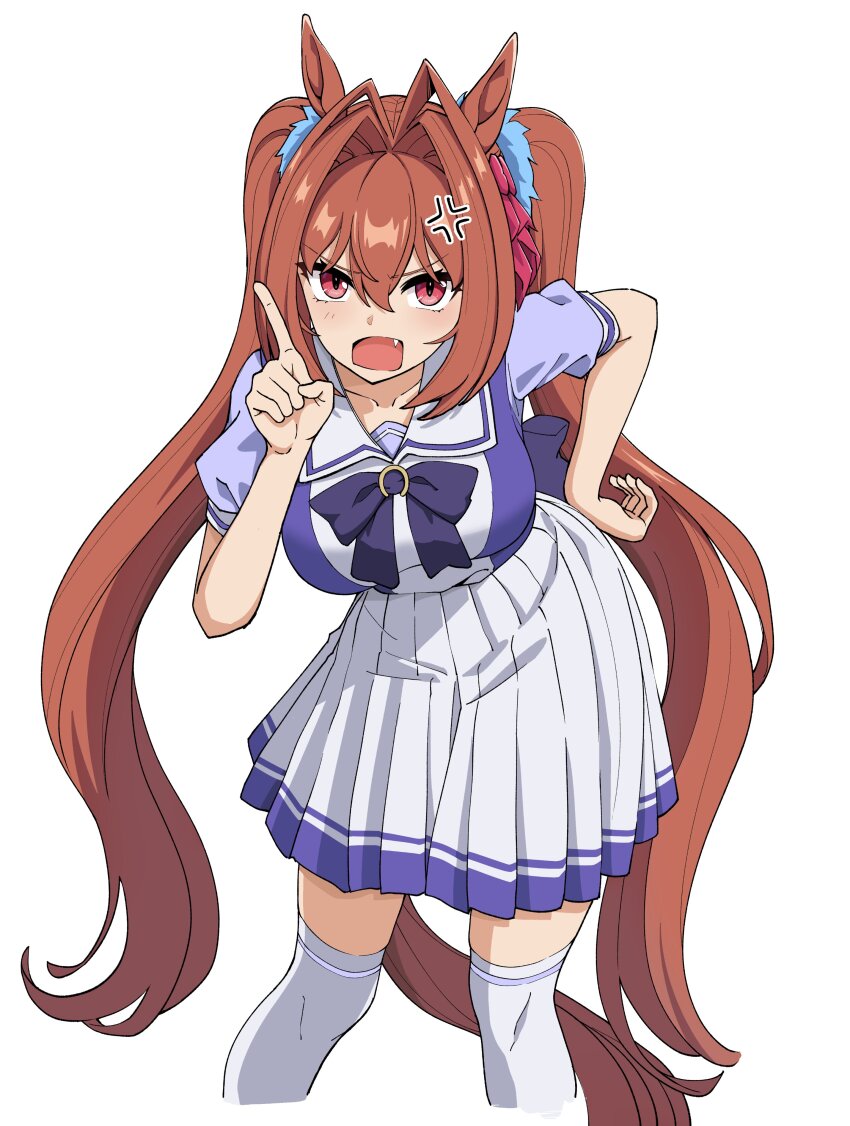1girl absurdres anger_vein animal_ears blush breasts brown_hair commentary_request daiwa_scarlet_(umamusume) hair_ornament highres horse_ears horse_girl horse_tail open_mouth oxymoron_0213 pointing red_eyes school_uniform simple_background solo tail thighhighs tracen_school_uniform twintails umamusume white_background