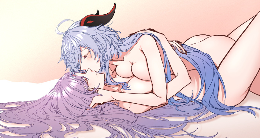 2girls absurdres between_legs blue_hair blush breast_press breasts closed_eyes commentary commentary_request completely_nude english_commentary ganyu_(genshin_impact) genshin_impact gradient_background hair_spread_out hand_in_another&#039;s_hair hand_on_another&#039;s_face highres keqing_(genshin_impact) kiss kissing_cheek large_breasts long_hair mixed-language_commentary multiple_girls nude pink_background purple_hair sieka_(piiroinardesco) symmetrical_docking yellow_background yuri
