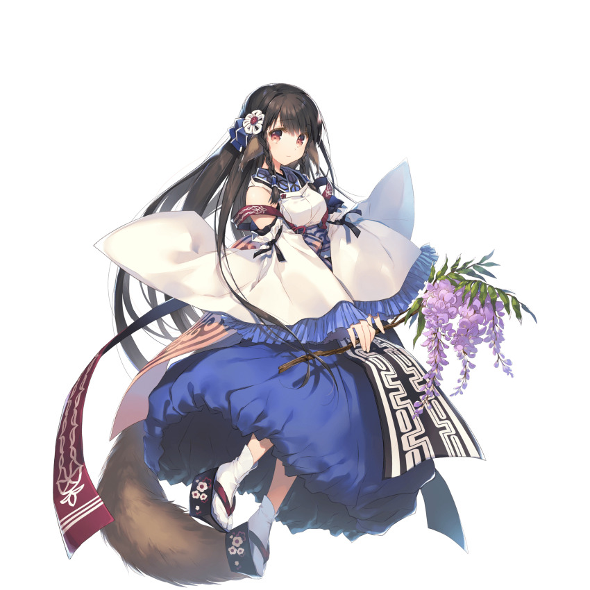 1girl ainu_clothes animal_ears black_hair bow braid full_body hair_between_eyes highres long_hair mitsumi_misato official_art red_eyes rulutieh solo twin_braids utawarerumono utawarerumono:_itsuwari_no_kamen