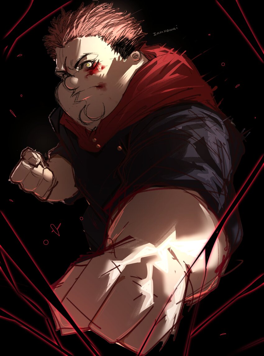 1boy absurdres black_hair blood blood_on_face cleft_chin clenched_hands cosplay family_guy highres hood hoodie itadori_yuuji itadori_yuuji_(cosplay) jujutsu_kaisen kowai_(iamkowai) looking_at_viewer male_focus multicolored_hair peter_griffin pink_hair red_hoodie solo yellow_eyes