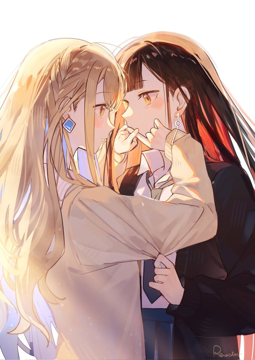 2girls azusawa_kohane black_coat black_necktie black_skirt blonde_hair blue_gemstone blue_hair blush braid brown_hair closed_mouth clothes_grab coat collared_shirt colored_inner_hair earrings floating_earrings gem hand_on_another&#039;s_mouth highres jewelry jingzhaowhale long_sleeves looking_at_another multicolored_hair multiple_girls necktie parted_bangs pleated_skirt project_sekai red_hair sailor_collar school_uniform shiraishi_an shirt side_braid signature simple_background single_braid skirt stud_earrings white_background white_shirt x_fingers yellow_eyes yuri