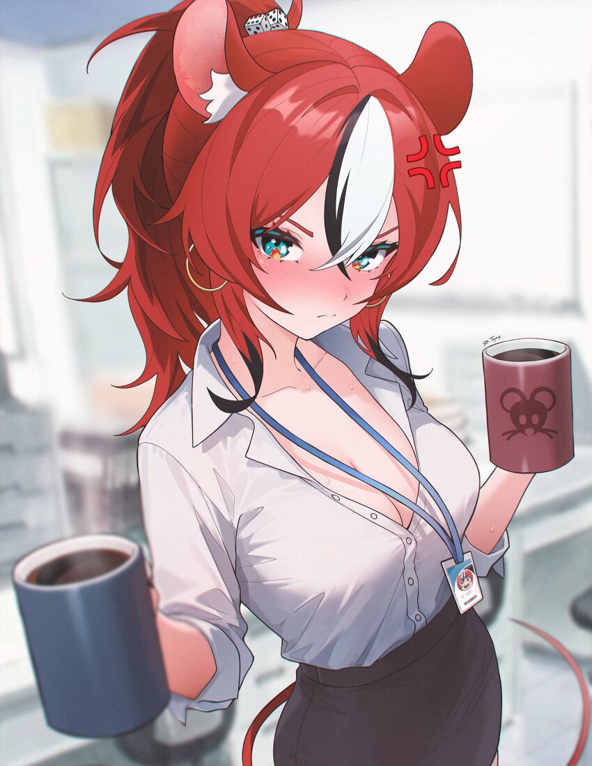 1girl alternate_costume anger_vein animal_ear_fluff animal_ears black_hair black_skirt blue_eyes blurry blurry_background blush breasts cleavage closed_mouth collared_shirt colored_tips commentary cup dice_hair_ornament earrings english_commentary hair_between_eyes hair_ornament hakos_baelz highres holding holding_cup hololive hololive_english hoop_earrings implied_extra_ears incoming_drink jewelry long_sleeves looking_at_viewer medium_breasts medium_hair miniskirt mouse_ears mouse_girl mouse_tail multicolored_hair nose_blush office_lady partially_unbuttoned pencil_skirt ponytail pov red_hair shirt shirt_tucked_in sk_jynx skirt solo streaked_hair tail three-quarter_sleeves virtual_youtuber white_hair white_shirt