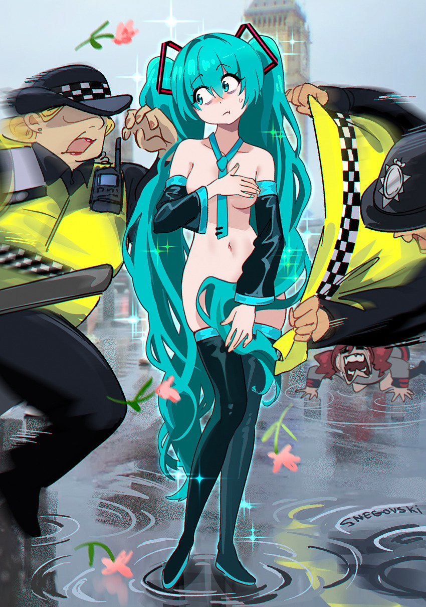 1boy 3girls aqua_eyes aqua_hair aqua_necktie artist_name black_hat black_pants black_thighhighs breasts building closed_mouth collarbone commentary covering_breasts covering_crotch covering_privates detached_sleeves elizabeth_tower english_commentary exhibitionism fine_art_parody flower hair_between_eyes hair_intakes hat hatsune_miku highres kasane_teto kasane_teto_(sv) london long_hair long_sleeves looking_at_another medium_breasts metropolitan_police_service motion_blur multiple_girls navel necktie nude open_mouth outdoors pants parody pink_flower police police_hat police_uniform policewoman public_indecency public_nudity ripples snegovski standing synthesizer_v the_birth_of_venus thighhighs utau very_long_hair vocaloid walkie-talkie water