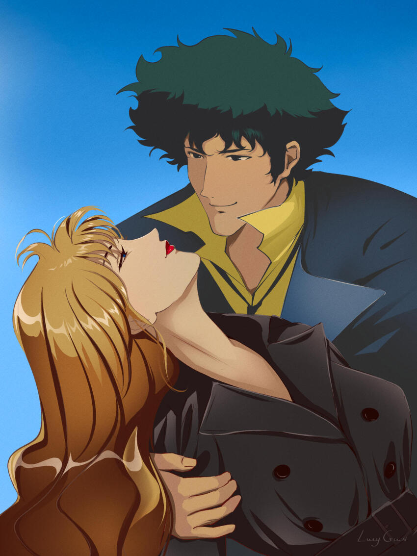 1boy 1girl blonde_hair blue_background blue_eyes brown_eyes coat couple cowboy_bebop curly_hair green_hair hetero highres julia_(cowboy_bebop) lipstick lucyguusi makeup simple_background spike_spiegel trench_coat