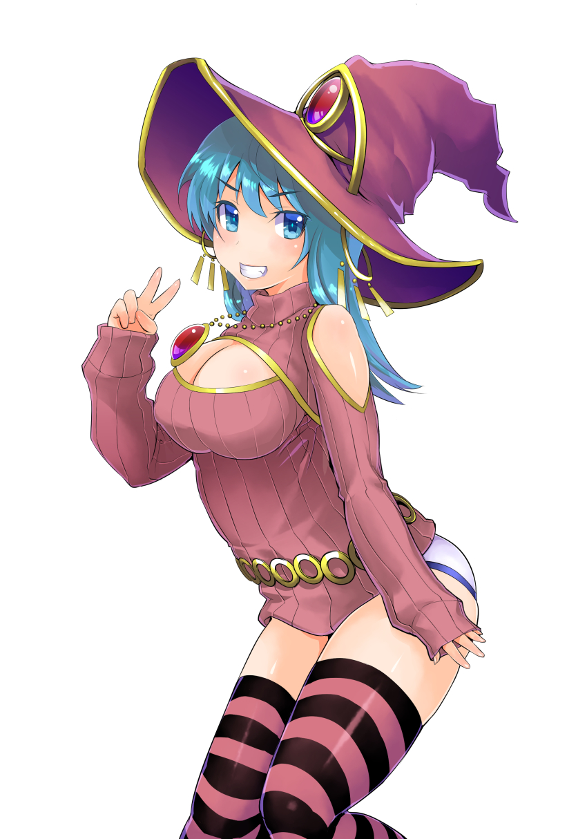 1girl absurdres blue_eyes blue_hair breasts cleavage dungeons_&amp;_princess fang female_focus grin hat highres jewelry large_breasts matching_hair/eyes meme_attire necklace open-chest_sweater pink_thighhighs ribbed_sweater simple_background smile solo striped_clothes striped_thighhighs sweater takashi_moritaka thighhighs v white_background witch_hat