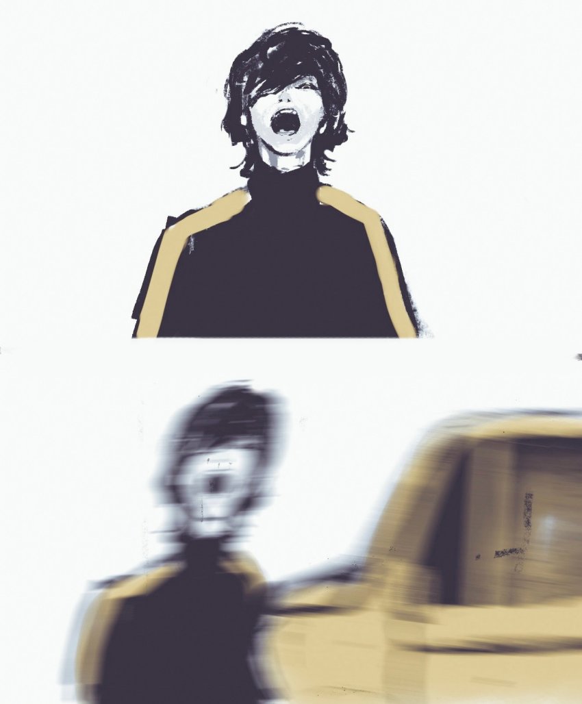 1boy black_hair car car_crash chainsaw_man highres kick_back_(song) kobeni&#039;s_car_(chainsaw_man) looking_at_viewer mitsubachi_(roundbee) monochrome motor_vehicle real_life short_hair simple_background solo spot_color track_suit white_background yonezu_kenshi_(person)