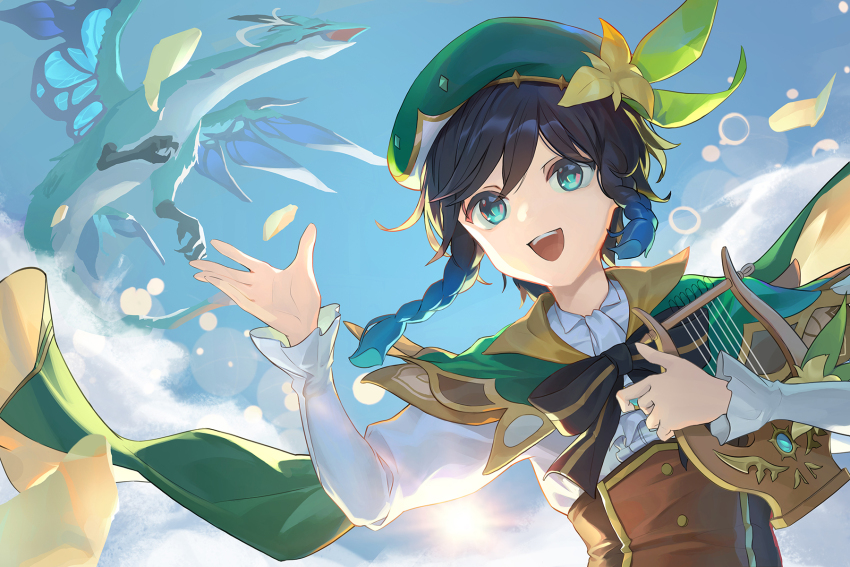 1boy 1other aqua_eyes black_hair braid dvalin_(genshin_impact) hat highres long_sleeves looking_at_viewer multicolored_hair nooo open_mouth short_hair smile streaked_hair venti_(genshin_impact)