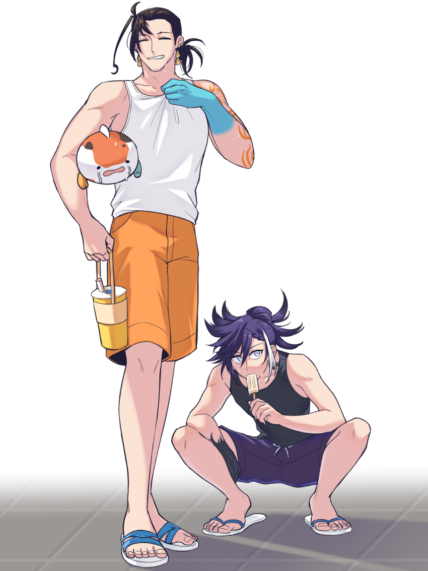 2boys amehigejz arm_tattoo banzoin_hakka beard_stubble black_hair black_tank_top blue_eyes carrying commentary earrings english_commentary facial_hair food food_in_mouth full_body gradient_skin hair_between_eyes highres holding holding_food holding_popsicle holostars holostars_english jewelry josuiji_shinri koipanion_(josuiji_shinri) long_hair male_focus medium_hair multicolored_hair multiple_boys muscular muscular_male ponytail popsicle popsicle_in_mouth purple_hair sandals shorts smile squatting standing streaked_hair stubble tank_top tassel tassel_earrings tattoo tile_floor tiles virtual_youtuber white_background white_hair white_tank_top