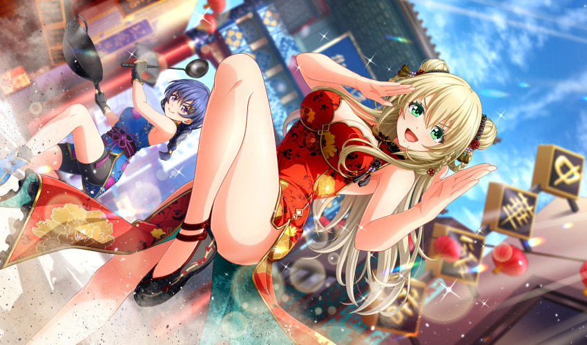 2girls :d black_footwear black_gloves black_shorts blonde_hair blue_dress blue_hair blurry braid braided_ponytail china_dress chinese_clothes cinderella_series cleavage_cutout closed_mouth clothing_cutout cloud crane_stance depth_of_field double_bun dress dust_cloud dutch_angle fighting_stance fingerless_gloves floral_print_dress frying_pan game_cg gloves green_eyes hachigatsu_no_cinderella_nine hair_bun hair_ornament hairclip highres holding holding_frying_pan holding_ladle kondou_saki kung_fu ladle leg_up lens_flare light_particles light_rays long_hair looking_at_viewer multiple_girls no_socks non-web_source nozaki_yuuki official_alternate_hairstyle official_art open_mouth outdoors purple_eyes red_dress shorts shorts_under_dress sky sleeveless sleeveless_dress smile solo_focus sparkle standing standing_on_one_leg sunbeam sunlight v-shaped_eyebrows wok