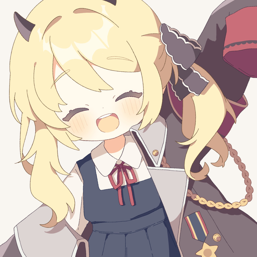 armband black_horns black_ribbon blonde_hair blue_archive bow bowtie closed_eyes coat demon_horns hair_ribbon highres horns ibuki_(blue_archive) komano_shia long_sleeves no_halo no_tail no_wings red_armband red_bow red_bowtie ribbon sleeves_past_fingers sleeves_past_wrists smile teeth upper_teeth_only