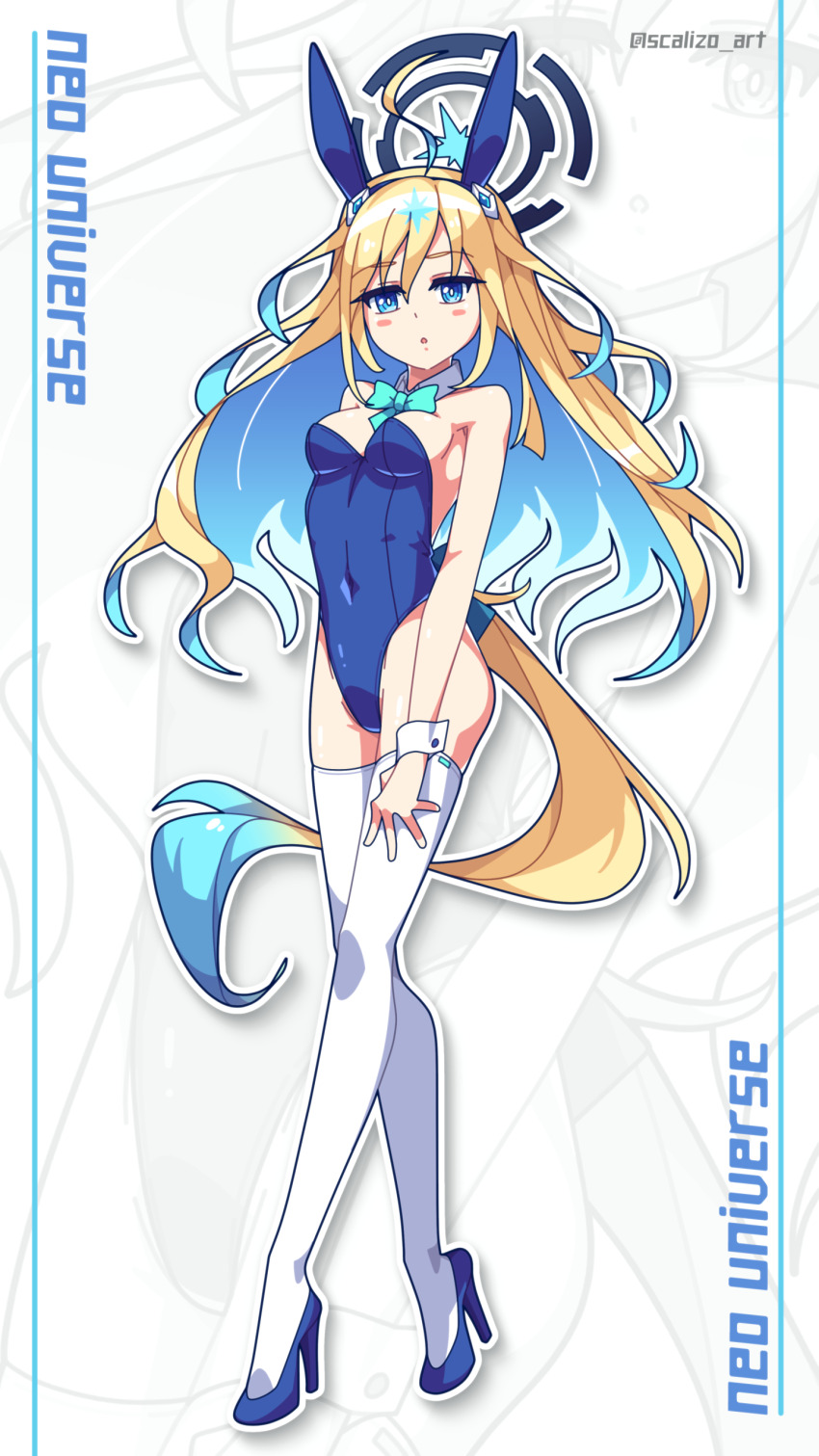 1girl absurdres ahoge animal_ears artist_name blonde_hair blue_archive blue_bow blue_bowtie blue_eyes blue_footwear blue_hair blue_leotard blush bow bowtie breasts character_name colored_inner_hair commentary cosplay covered_navel detached_collar diamond_hair_ornament english_commentary full_body grey_background hair_between_eyes halo high_heels highres leotard long_hair looking_at_viewer medium_breasts multicolored_hair neo_universe_(umamusume) outline playboy_bunny scalizo solo tail toki_(blue_archive) toki_(blue_archive)_(cosplay) toki_(bunny)_(blue_archive) twitter_username two-tone_hair two-tone_tail umamusume white_outline white_wrist_cuffs wing_collar wrist_cuffs zoom_layer