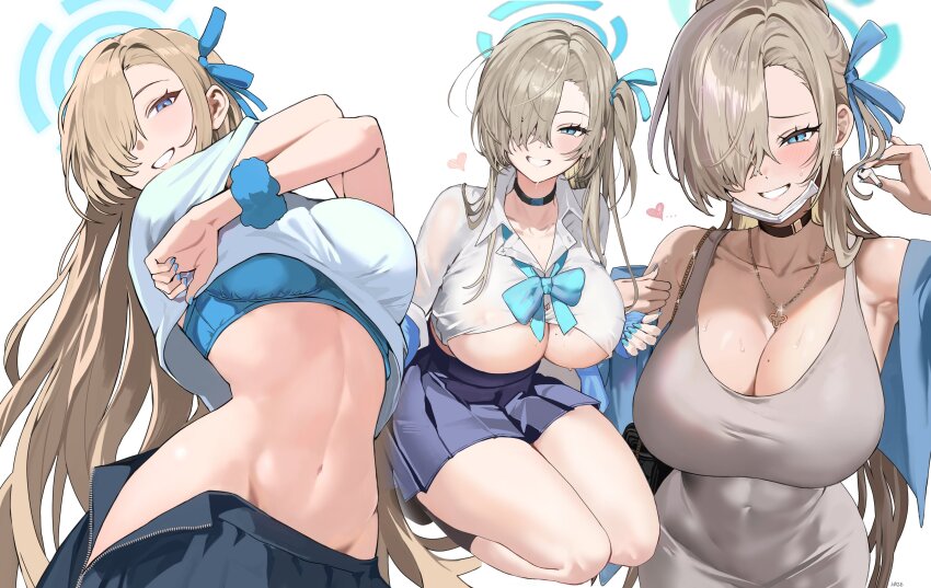 1girl absurdres alternate_costume armpits asuna_(blue_archive) asuna_(school_uniform)_(blue_archive) bare_shoulders black_choker black_skirt black_socks blonde_hair blue_archive blue_bra blue_eyes blue_halo blue_jacket blue_nails blue_ribbon blue_scrunchie blue_skirt blush bra breasts brown_hair choker commentary_request covered_erect_nipples covered_navel dongtan_dress dress earphones fingernails from_below grey_dress hair_over_one_eye hair_ribbon halo haze_(ohw8g) heart highres holding holding_earphones huge_breasts jacket large_breasts long_hair looking_at_viewer mask mask_lift meme_attire miniskirt mole mole_on_breast mouth_mask multiple_views nail_polish navel one_side_up open_clothes open_jacket pleated_skirt ribbon school_uniform scrunchie see-through_clothes seiza shirt simple_background single_bare_shoulder single_earphone_removed single_off_shoulder sitting skirt smile socks stomach thick_thighs thighs tight_clothes tight_dress underboob underwear undressing v very_long_hair white_background white_mask white_shirt wrist_scrunchie zipper_skirt
