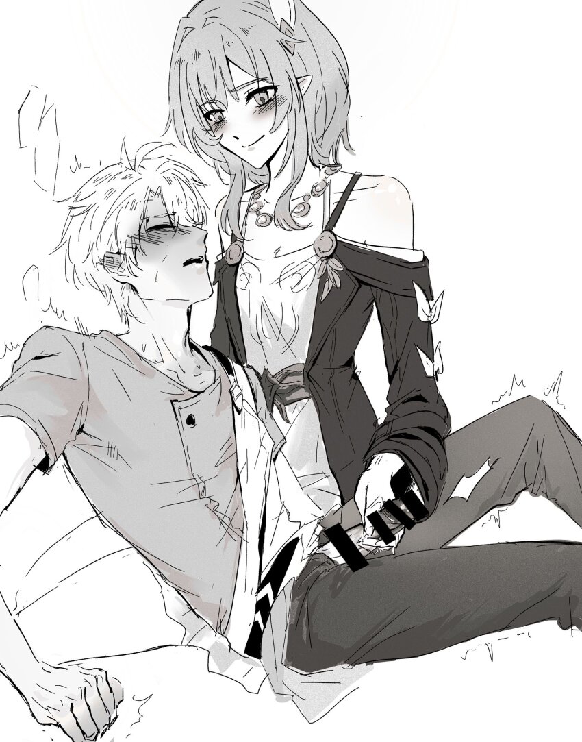 1boy 1girl ahoge bar_censor blush censored coat commentary_request cyrene_(honkai:_star_rail) dress greyscale handjob hetero highres honkai:_star_rail honkai_(series) medium_hair monochrome pants penis phainon_(honkai:_star_rail) pointy_ears shirt short_hair smile yindongmec