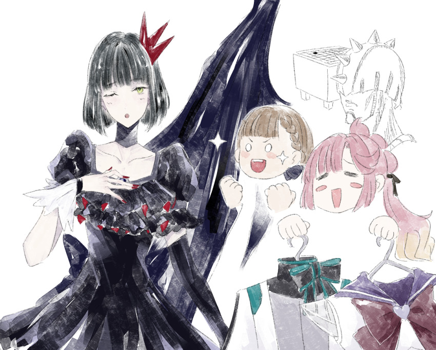 0_0 3girls ;o anyoji_hime bishoujo_senshi_sailor_moon black_bow black_dress black_gloves black_hair black_ribbon black_wings blonde_hair blunt_bangs blunt_ends blush blush_stickers board_game bob_cut bow bowtie braid brown_hair center-flap_bangs character_request clothes_hanger cosplay costume_request dress elbow_gloves frilled_dress frills gloves go_(board_game) gradient_hair green_eyes hair_bow hair_ribbon heart holding holding_clothes_hanger kachimachi_kosuzu link!_like!_love_live! long_hair looking_at_viewer love_live! momose_ginko multi-tied_hair multicolored_hair multiple_girls one_eye_closed pink_hair ponytail puffy_short_sleeves puffy_sleeves red_bow red_bowtie ribbon sailor_senshi_uniform short_hair short_sleeves side_braids sidelocks simple_background single_elbow_glove single_glove single_wing sparkle straight_hair swept_bangs virtual_youtuber white_background wings yoruneko_yashiro