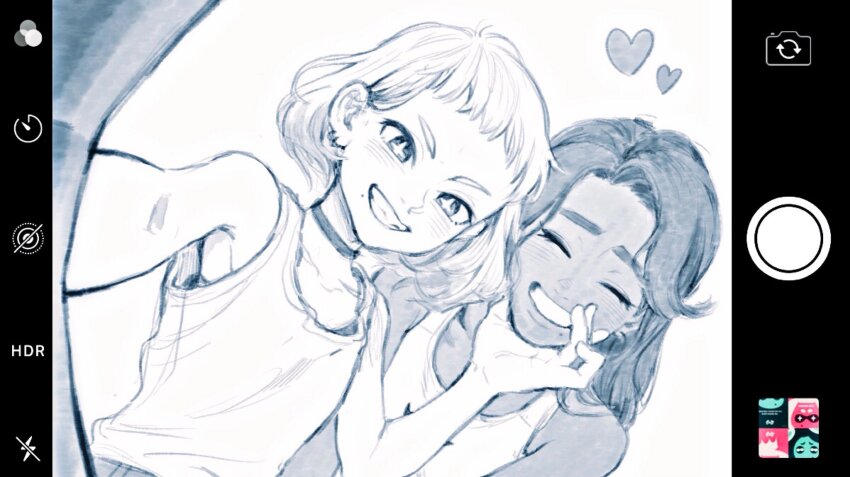 +_+ 2girls bra choker closed_eyes dark-skinned_female dark_skin fake_phone_screenshot fake_screenshot greyscale grin hand_on_another&#039;s_chin heart highres humanization inkling ios_(os) long_hair marina_(splatoon) matsugi_zuntaro medium_hair mole mole_under_mouth monochrome multiple_girls nintendo octoling pearl_(splatoon) selfie smile splatoon_(series) splatoon_2 tank_top underwear user_interface