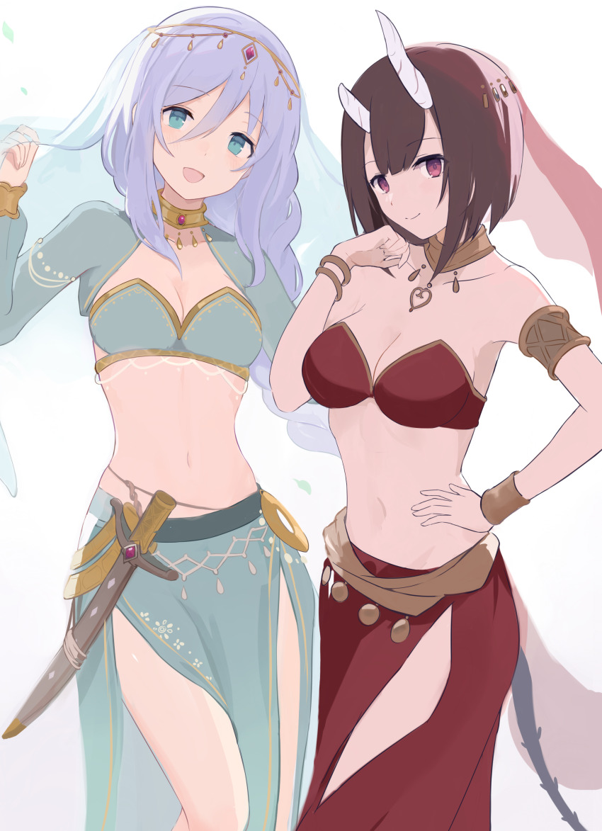 2girls absurdres aqua_bra aqua_eyes aqua_shrug aqua_skirt arabian_clothes armlet armpits asymmetrical_horns bare_shoulders belly_dancing black_hair bra bracelet breasts brown_collar circlet cleavage closed_mouth clothing_cutout collar collarbone commentary dancer demon_girl demon_horns demon_tail double-parted_bangs eriko_(princess_connect!) feet_out_of_frame gold_collar gold_trim hair_between_eyes hand_up harem_outfit harem_pants head_tilt highres holding holding_own_hair horns jewelry large_breasts long_sleeves looking_at_viewer medium_breasts midriff multiple_girls navel onigiri_noe open_mouth pants pelvic_curtain princess_connect! purple_hair red_bra red_eyes red_pants red_veil shizuru_(princess_connect!) short_hair shrug_(clothing) simple_background skirt smile stomach strapless strapless_bra sword tail thigh_cutout underwear veil weapon white_background white_horns white_veil