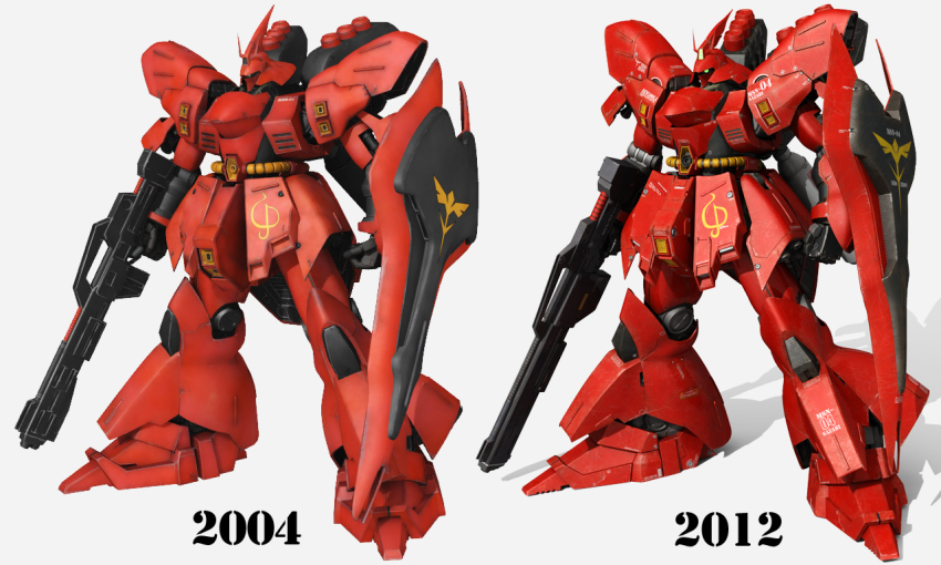 2004 2012 3d beam_cannon beam_rifle cable char&#039;s_counterattack commentary_request comparison dated dual_persona emblem energy_gun funnels_(gundam) gundam machinery mecha mecha_focus mobile_suit neo_zeon no_humans one-eyed realistic robot roundel sazabi science_fiction shadow shield tomholy vernier_thrusters weapon white_background
