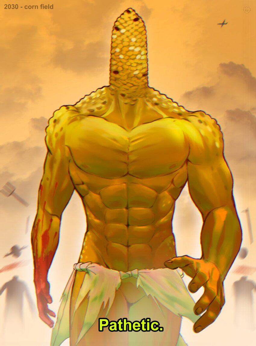 1boy 2others absurdres aircraft airplane blood blood_on_hands chromatic_aberration corn decapitation devovas english_text highres male_focus multiple_others muscular muscular_male objectification original pitchfork scythe severed_head subtitled