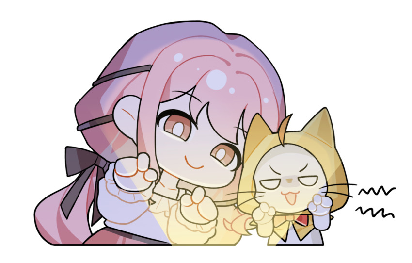 1girl ahoge animal artist_request bare_shoulders belt black_belt black_bow black_ribbon bow bowtie bra_strap bright_pupils brown_eyes cat chibi claw_pose cloak closed_mouth clothed_animal collarbone cropped_legs ear_covers frilled_shirt frilled_sleeves frills hair_bow hair_ribbon hood hood_up hooded_cloak infinity_nikki light_rays long_hair long_sleeves low_twintails momo_(nikki) nikki_(nikki) nikki_(series) no_pupils off-shoulder_shirt off_shoulder official_art perfect_start_(infinity_nikki) pink_hair pink_skirt puffy_long_sleeves puffy_sleeves red_bow red_bowtie ribbon shirt shout_lines skirt smile smug swept_bangs tareme traditional_bowtie transparent_background tress_ribbon twintails v-shaped_eyebrows very_long_hair whiskers white_cat white_pupils white_shirt yellow_cloak