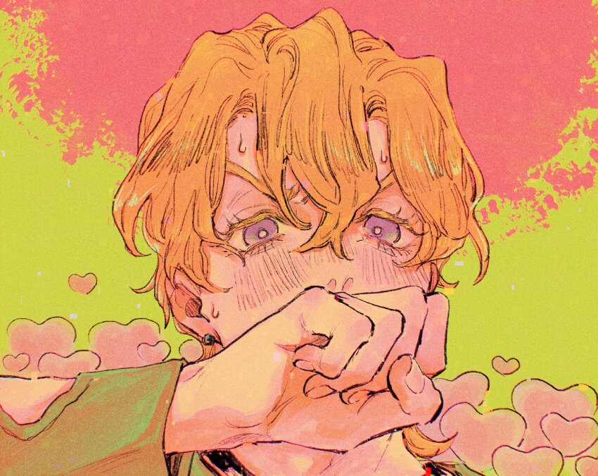 1boy blonde_hair blush colored_eyelashes commentary covering_own_mouth double-parted_bangs earrings green_shirt hair_between_eyes heart highres jewelry jojo_no_kimyou_na_bouken looking_at_viewer male_focus okokoro_zaiku pannacotta_fugo parted_bangs portrait purple_eyes shirt short_hair solo surprised sweatdrop vento_aureo