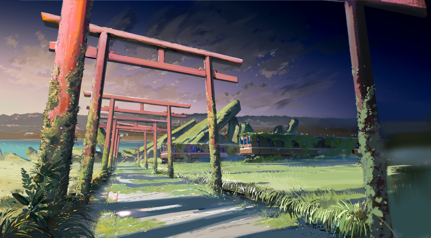 ashorz cloud commentary dated_commentary day grass highres lake moss mountainous_horizon multiple_unit_train no_humans original outdoors plant scenery torii train water