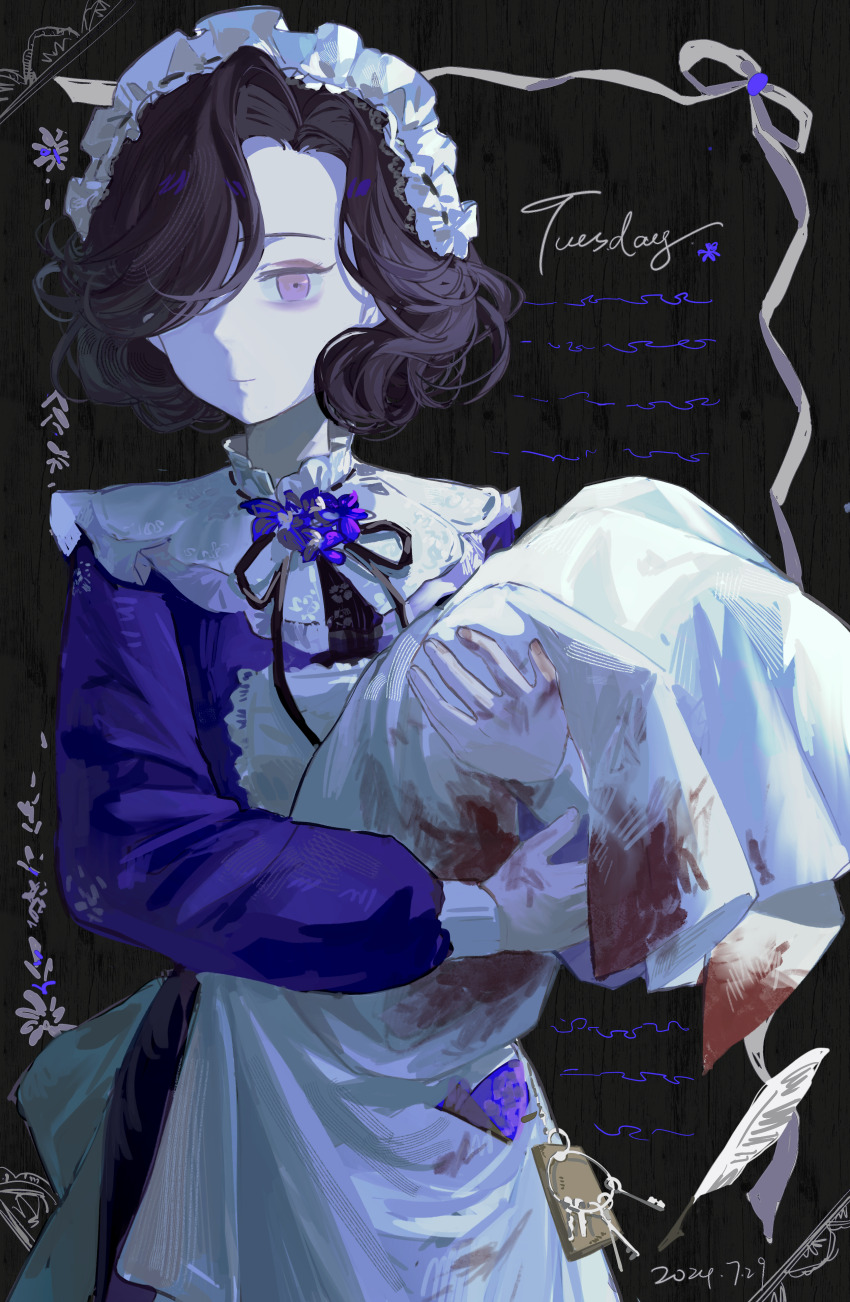 1girl absurdres apron black_background black_hair black_ribbon blanket blood blood_on_clothes blood_on_hands character_name closed_mouth dated dongfang_shuyechu dress hair_over_one_eye hands_up highres holding holding_blanket key long_sleeves looking_at_viewer maid maid_headdress neck_flower neck_ribbon one_eye_covered pale_skin purple_dress purple_eyes quill reverse:1999 ribbon ribbon_border short_hair sidelighting solo swaddled tuesday_(reverse:1999) upper_body white_apron white_ribbon