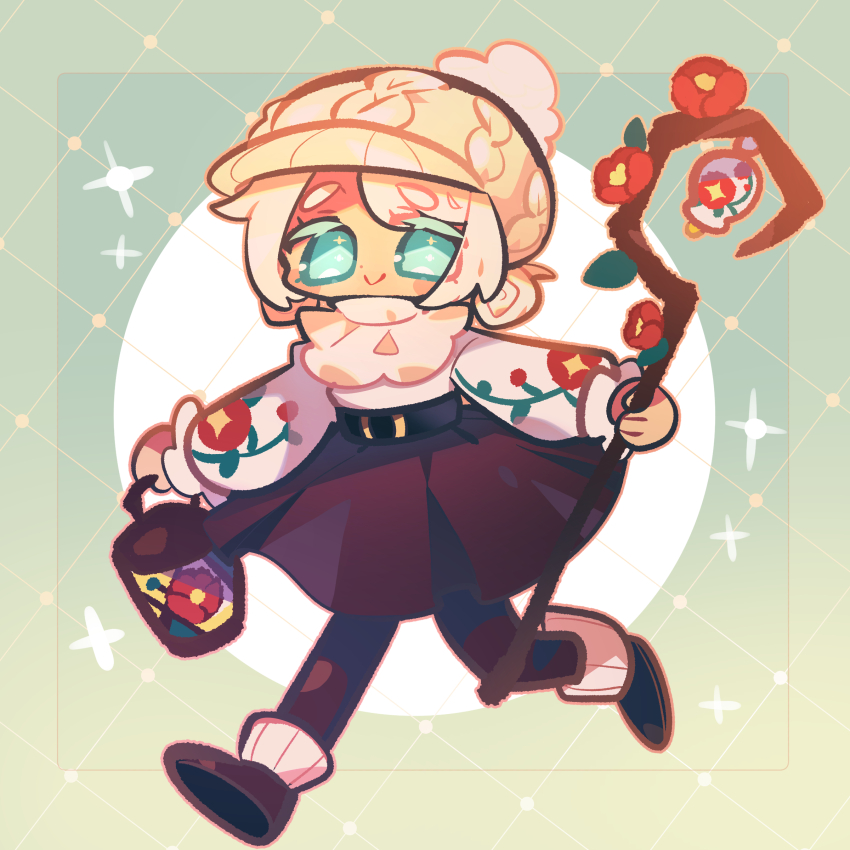 1girl absurdres aqua_eyes beanie belt black_belt black_footwear black_pantyhose black_skirt closed_mouth colored_eyelashes cookie_run cookie_run:_kingdom cotton_cookie cotton_cookie_(red_camellia) deformed flower frilled_sweater full_body hat highres holding holding_lantern holding_staff humanization lantern leaf long_sleeves looking_at_viewer medium_hair official_alternate_costume omoyu_(nakyu715) pantyhose pom_pom_(clothes) pom_pom_beanie puffy_long_sleeves puffy_sleeves red_flower simple_background skirt smile solo sparkle staff sweater walking white_hair white_hat white_sweater