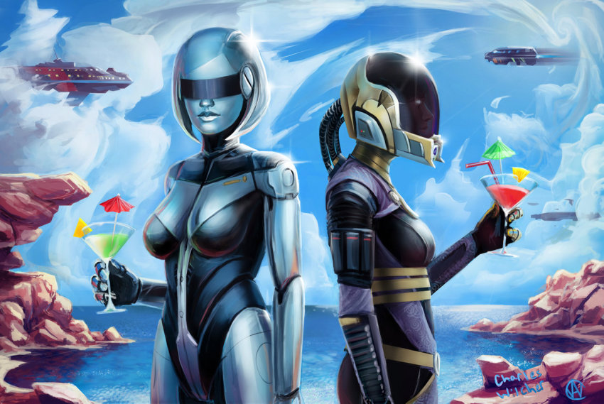 2girls alien android blue-tinted_eyewear bob_cut bodysuit charlie_wilcher cocktail cocktail_glass cocktail_umbrella cup daft_punk drink drinking_glass edi_(mass_effect) fusion guy_manuel_de_homem-christo helmet lips mass_effect_(series) mass_effect_3 metal_skin multiple_girls nose ocean parody robot short_hair spacecraft swept_bangs tali&#039;zorah thomas_bangalter tinted_eyewear visor